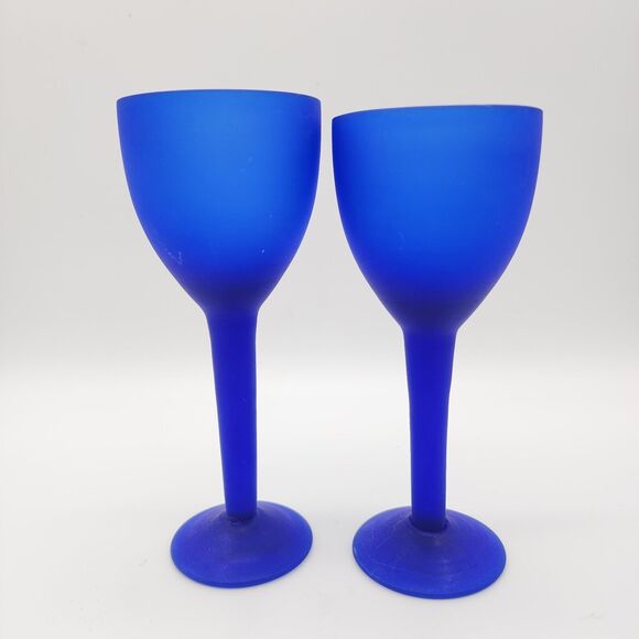 Vintage April Cornell Cobalt Blue Frosted Goblets Stemware Glass Pair MCM Retro - Picture 1 of 7